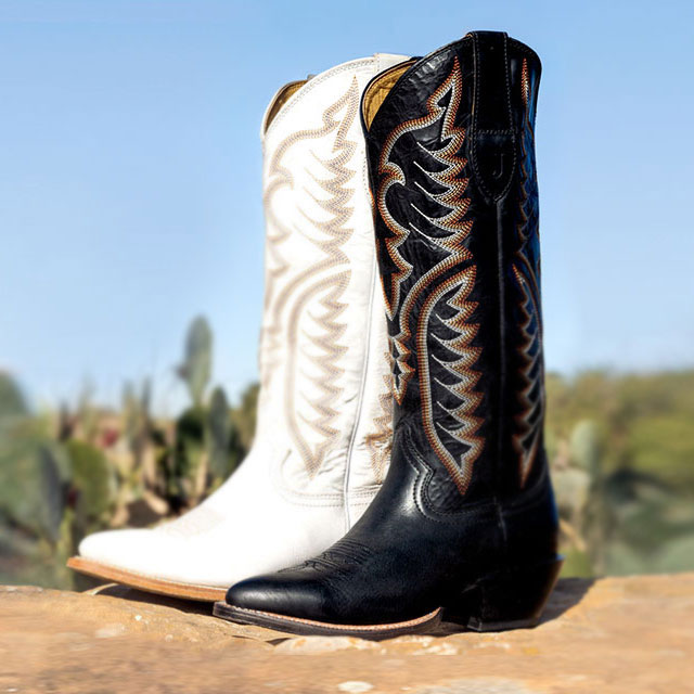 The Evelyn 15&rdquo; Western Boot in colors of coal and vintage ivory sitting on a rock with cactus in the background. 